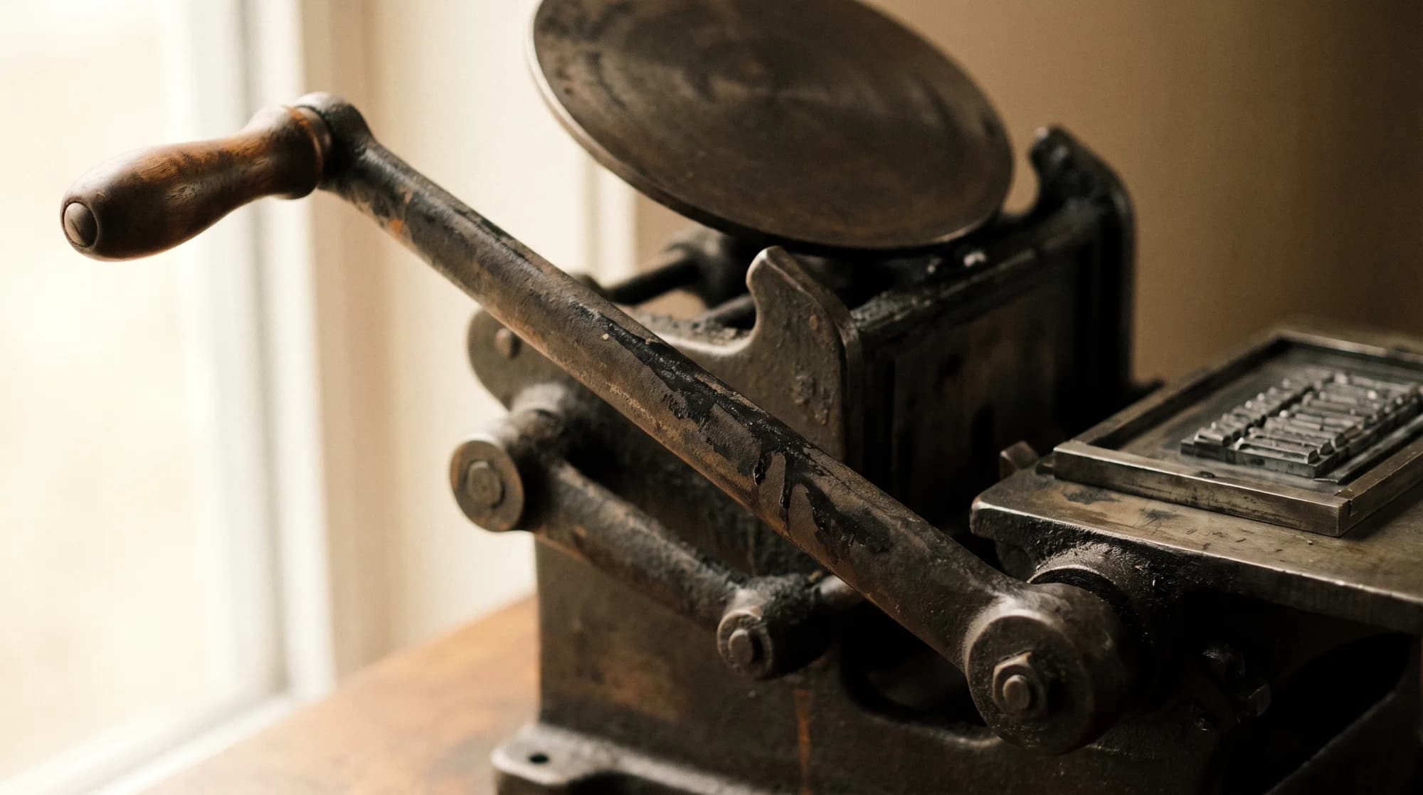 The long operating lever of the studio press, mid-stroke